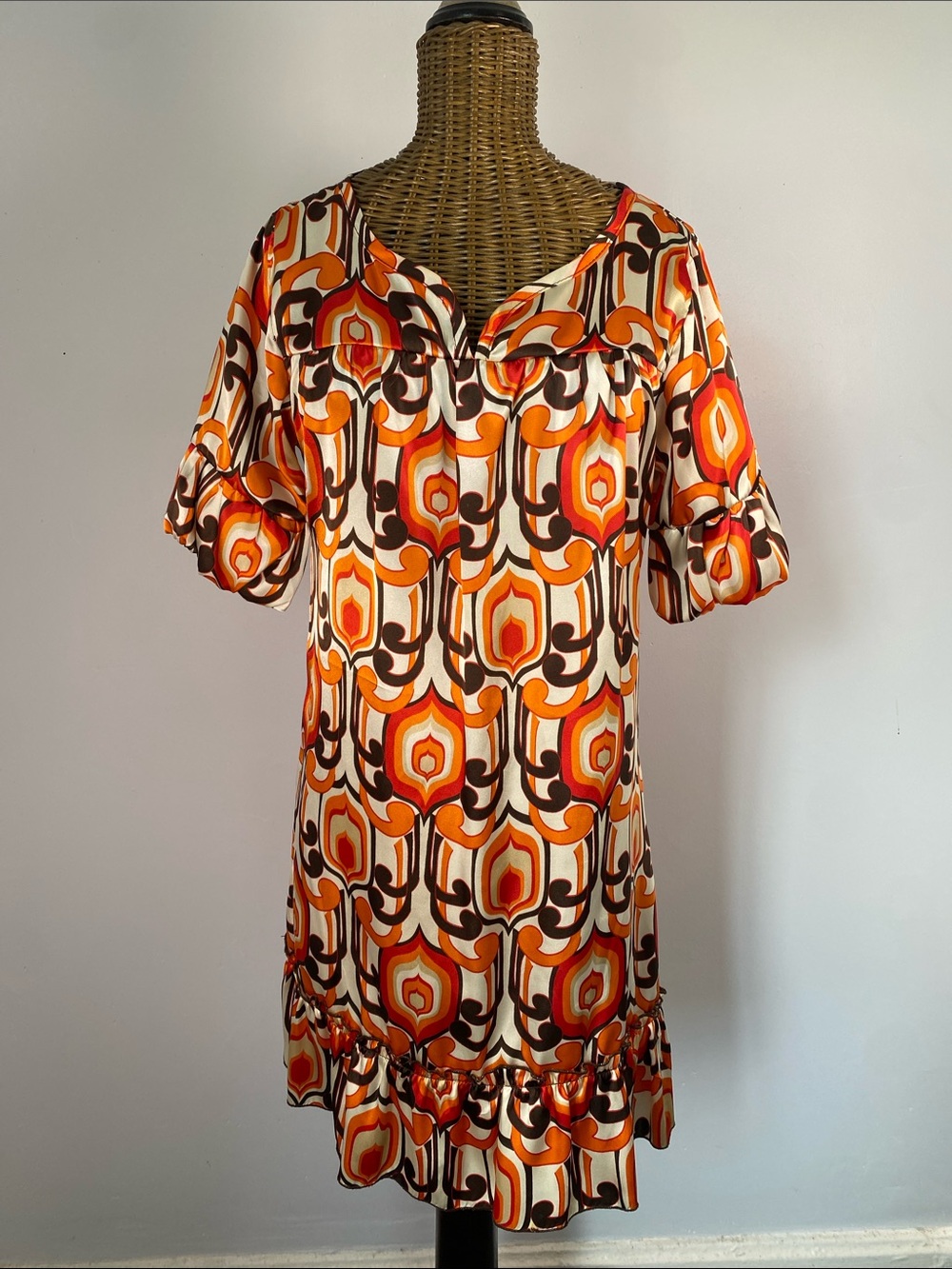 Retro Silk Orange & Brown Bubble Short Sleeve Shift Dress